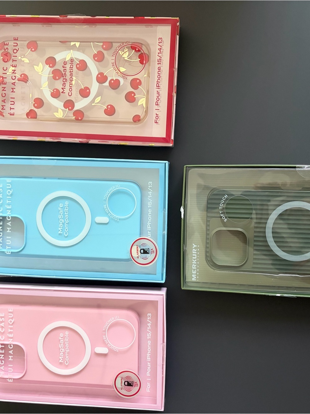 Assorted lot of 4 iPhone 13 Cases Pink, Blue, Clear Cherry, Olive Gre
